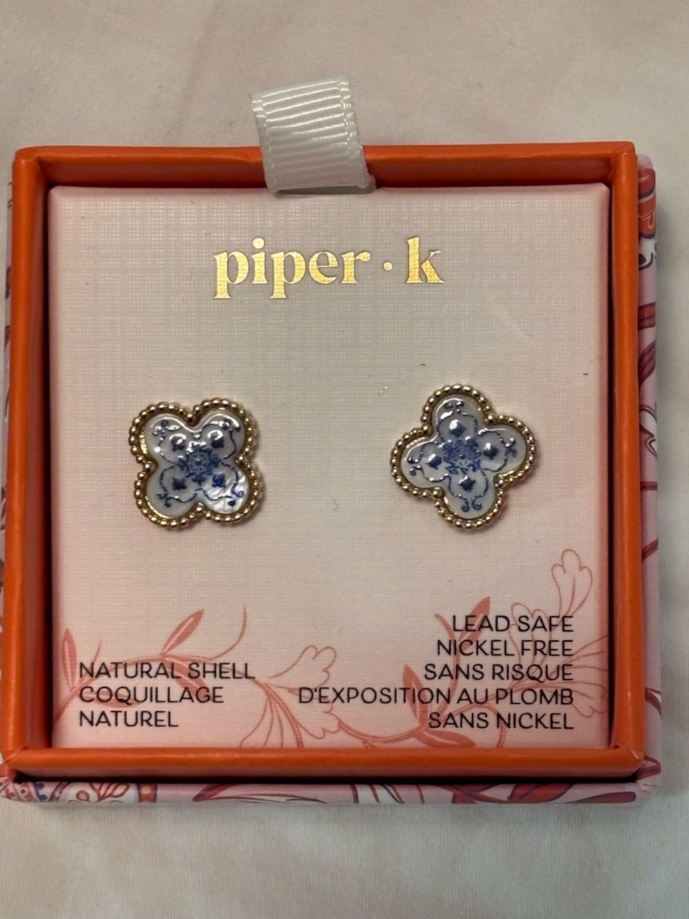 Piper Blue and Gold Floral Quatrefoil Stud Earrings